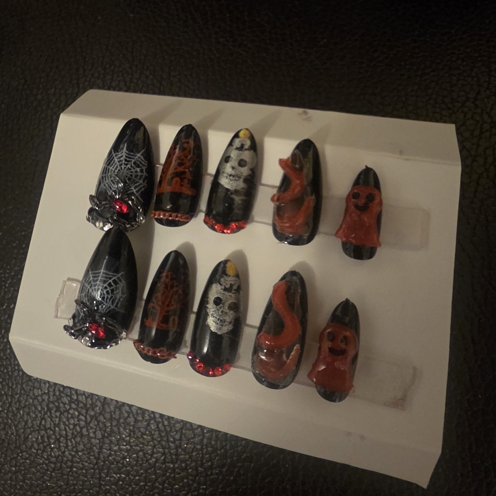 Gothic Red, Silver & Black Halloween Acrylic Nails with Spiders, Snakes, Ghosts.